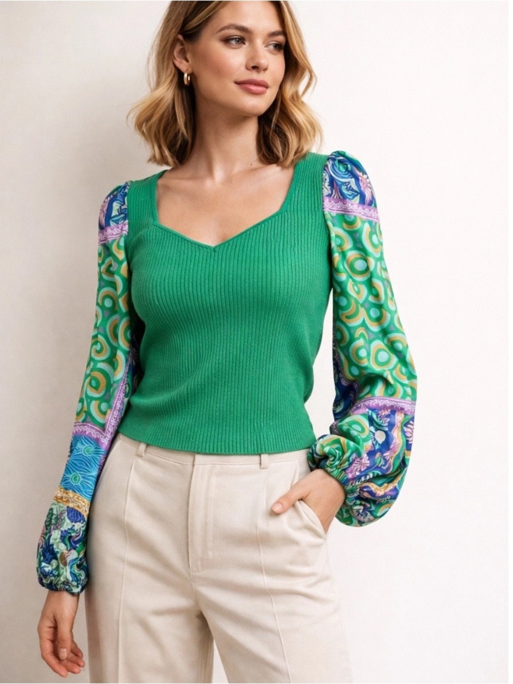 Bailey 44 Ribbed Knit Top with Satin Scarf Print Sleeves | Green | Medium